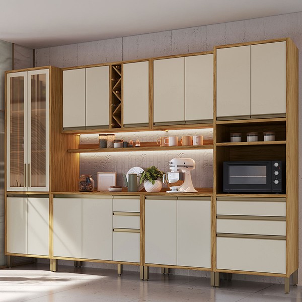 Armário de Cozinha Modulada com Balcão e Tampo 16 Portas 5 Gavetas Pérola Plus com Prateleiras 100% Mdf Vidro Reflecta Amêndoa/Off White - Pnr Móveis