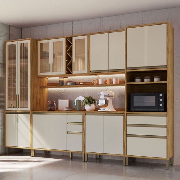 Armário de Cozinha com Balcão e Tampo 16 Portas 5 Gavetas Pérola 100% Mdf Vidro Reflecta Amêndoa/Off White - Pnr Móveis