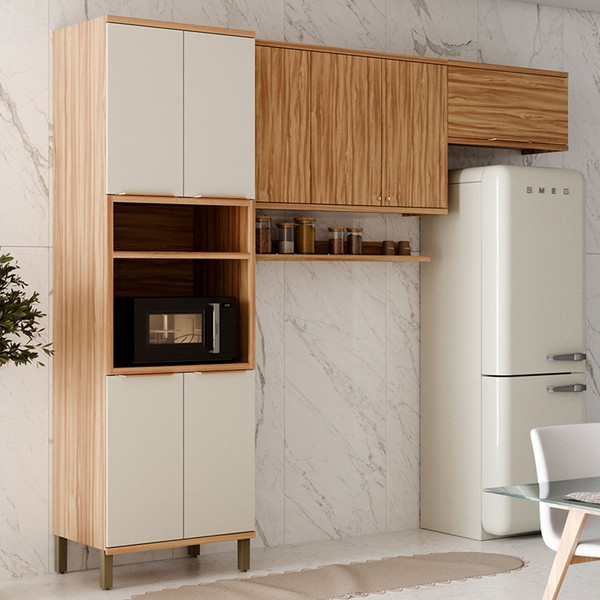 Armário de Cozinha 8 Portas Nice 100% Mdf Amêndoa/Off White - Pnr Móveis
