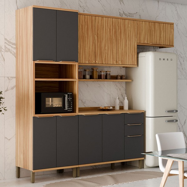 Armário de Cozinha Modulada com Balcão e Tampo 10 Portas 3 Gavetas Nice 100% Mdf Amêndoa/Chumbo - Pnr Móveis