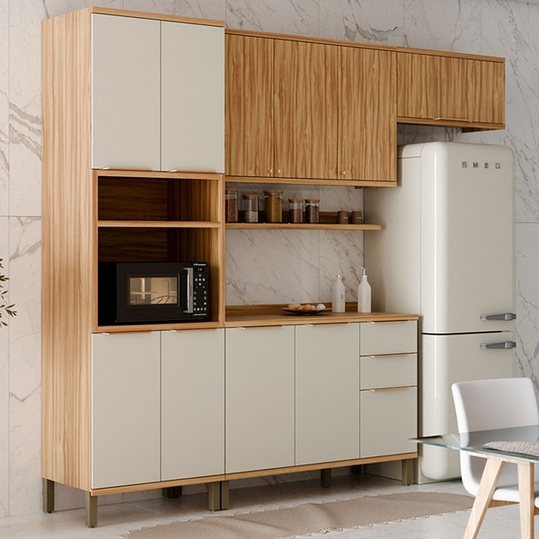 Armário de Cozinha Modulada com Balcão e Tampo 10 Portas 3 Gavetas Nice 100% Mdf Off White/Amêndoa - Pnr