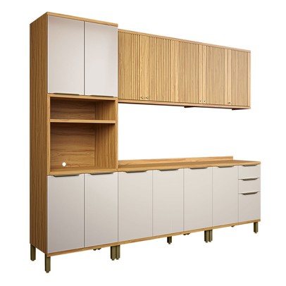 Armário de Cozinha Modulada com Balcão e Tampo 13 Portas 3 Gavetas Nice Fresado 100% Mdf Amêndoa/Off White - Pnr Móveis