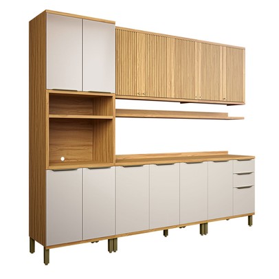 Armário de Cozinha com Balcão e Tampo 13 Portas 3 Gavetas Nice Fresado com Prateleira 100% Mdf Amêndoa/Off White - Pnr Móveis