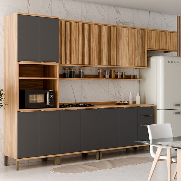 Armário de Cozinha Modulada com Balcão e Tampo 14 Portas 3 Gavetas Nice Fresado com Prateleira 100% Mdf Amêndoa/Chumbo - Pnr Móveis