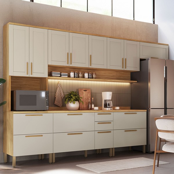 Armário de Cozinha Americana Modulada com Balcão e Tampo 14 Portas 3 Gavetas Texas 100% Mdf Amêndoa/Off White - Pnr Móveis