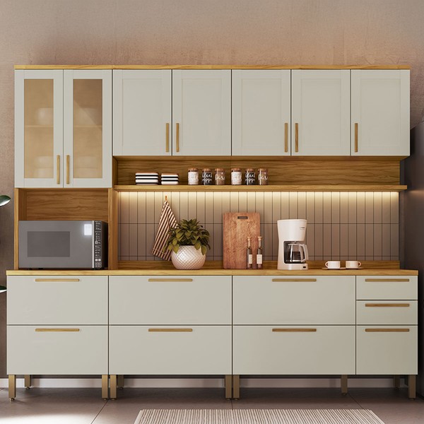 Armário de Cozinha Americana com Balcão e Tampo 13 Portas 3 Gavetas Texas 100% Mdf com Vidro Reflecta Amêndoa/Off White - Pnr Móveis