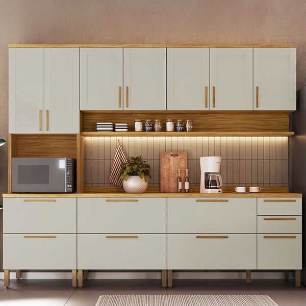 Armário de Cozinha Americana Modulada com Balcão e Tampo 13 Portas 3 Gavetas Texas 100% Mdf Amêndoa/Off White - Pnr Móveis