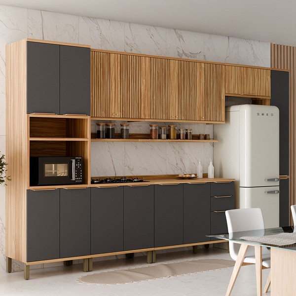 Armário de Cozinha Modulada com Balcão e Tampo 16 Portas 3 Gavetas Nice Fresado 100% Mdf Amêndoa/Chumbo - Pnr Móveis