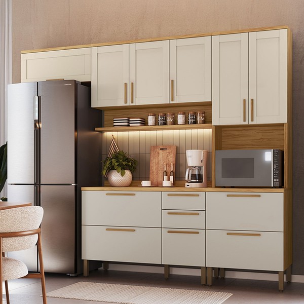 Armário de Cozinha Americana com Balcão e Tampo 11 Portas 2 Gavetas Texas 100% Mdf Amêndoa/Off White - Pnr Móveis