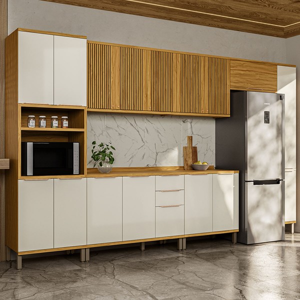 Armário de Cozinha com Balcão e Tampo 16 Portas 3 Gavetas Nice Fresado 100% Mdf Amêndoa/Off White - Pnr Móveis