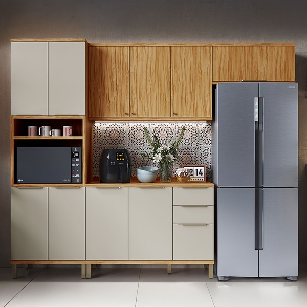 Armário de Cozinha Modulada com Balcão e Tampo 10 Portas 3 Gavetas Nice 100% Mdf Amêndoa/Off White - Pnr Móveis