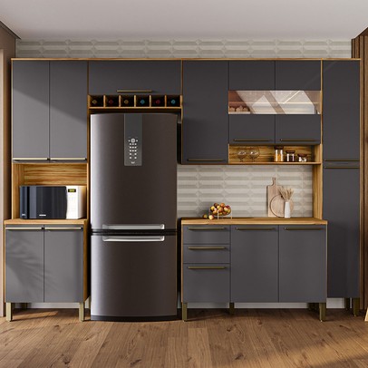 Armário de Cozinha com Balcão e Tampo 13 Portas 2 Gavetas Xangai Plus 100% Mdf Vidro Reflecta Amêndoa/Chumbo - Pnr Móveis