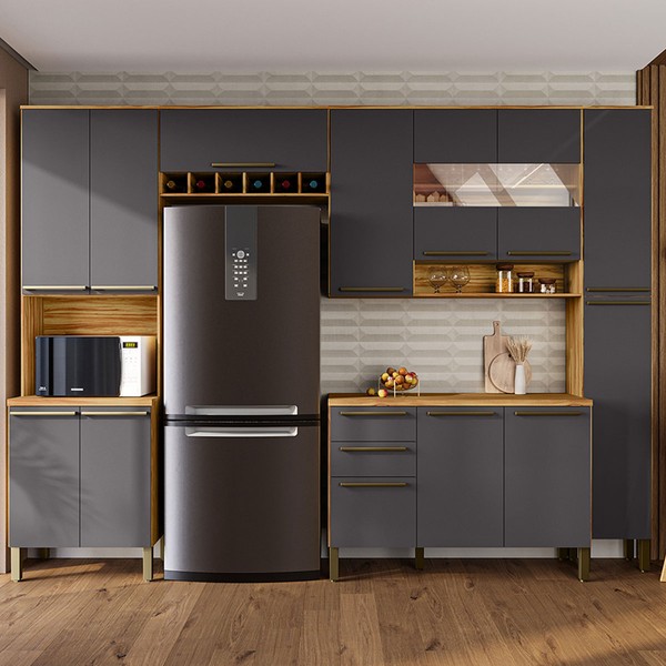 Armário de Cozinha com Balcão e Tampo 13 Portas 2 Gavetas Xangai Plus 100% Mdf Vidro Reflecta Amêndoa/Chumbo - Pnr Móveis