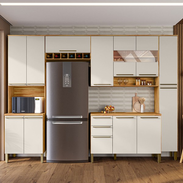 Armário de Cozinha Modulada com Balcão e Tampo 13 Portas 2 Gavetas Xangai Plus 100% Mdf com Vidro Reflecta Amêndoa/Off White - Pnr Móveis