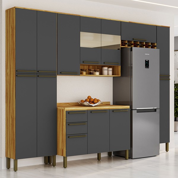 Armário de Cozinha com Balcão e Tampo 13 Portas 2 Gavetas Xangai Slim 100% Mdf Vidro Reflecta Amêndoa/Chumbo - Pnr Móveis