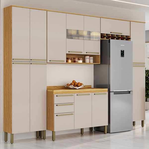 Armário de Cozinha Modulada com Balcão e Tampo 13 Portas 2 Gavetas Xangai Slim 100% Mdf com Vidro Reflecta Amêndoa/Off White - Pnr Móveis