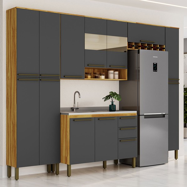 Armário de Cozinha com Balcão para Pia 13 Portas 2 Gavetas Xangai 100% Mdf Vidro Reflecta Amêndoa/Chumbo - Pnr Móveis