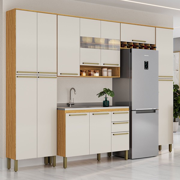 Armário de Cozinha Modulada com Balcão para Pia 13 Portas 2 Gavetas Xangai 100% Mdf com Vidro Reflecta Amêndoa/Off White - Pnr Móveis
