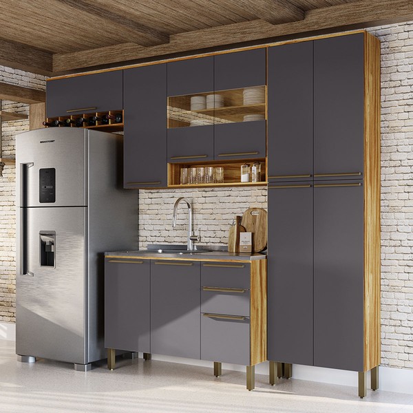 Armário de Cozinha com Balcão e Tampo 11 Portas 2 Gavetas Xangai 100% Mdf Vidro Reflecta Amêndoa/Chumbo - Pnr Móveis