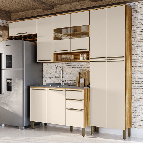 Armário de Cozinha com Balcão e Tampo 11 Portas 2 Gavetas Xangai 100% Mdf Vidro Reflecta Amêndoa/Off White - Pnr Móveis