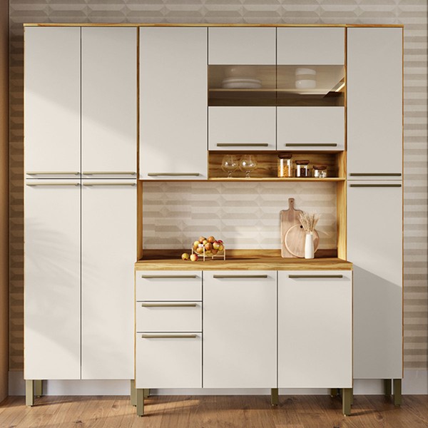 Armário de Cozinha Modulada com Balcão e Tampo 12 Portas 2 Gavetas Xangai 100% Mdf com Vidro Reflecta Amêndoa/Off White - Pnr Móveis