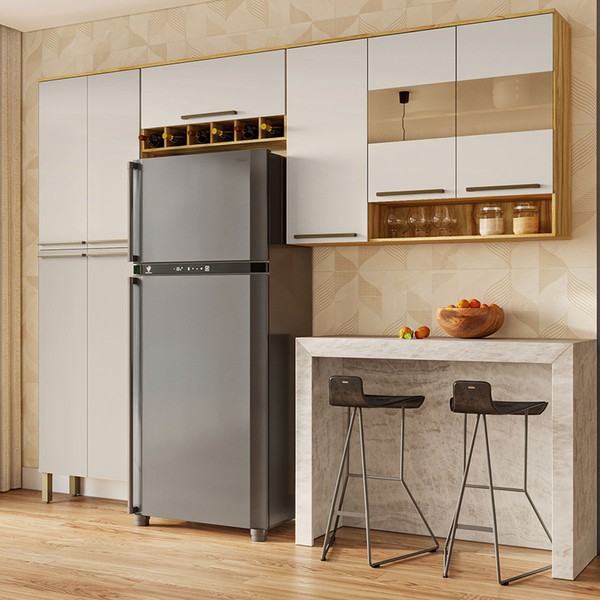 Armário de Cozinha Modulada 8 Portas Xangai 100% Mdf com Vidro Reflecta Amêndoa/Off White - Pnr Móveis