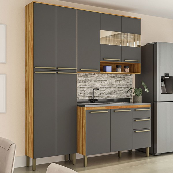 Armário de Cozinha com Balcão e Tampo 10 Portas 2 Gavetas Xangai 100% Mdf Vidro Reflecta Amêndoa/Chumbo - Pnr Móveis