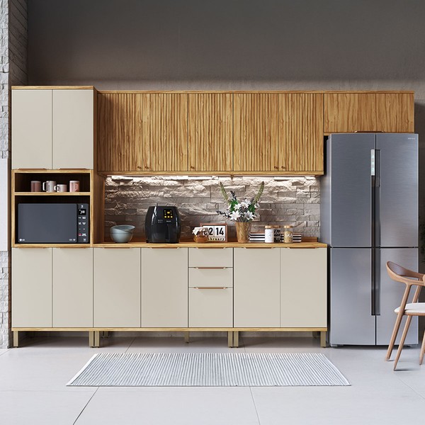 Armário de Cozinha com Balcão e Tampo 14 Portas 3 Gavetas Nice Fresado 100% Mdf Amêndoa/Off White - Pnr Móveis