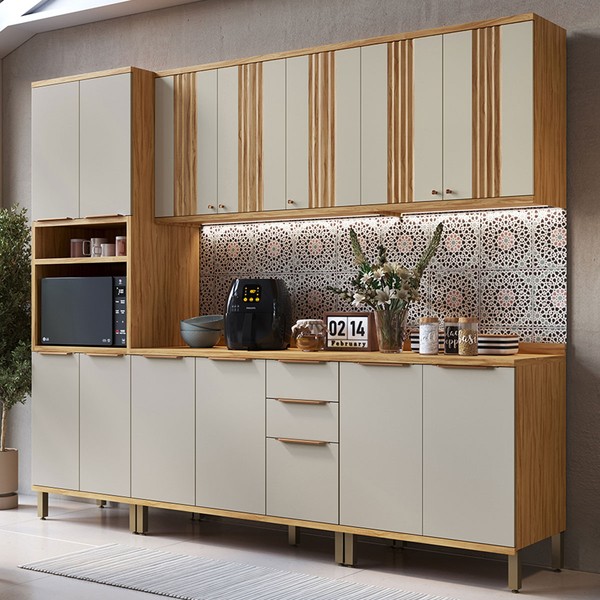 Armário de Cozinha Modulada com Balcão e Tampo 13 Portas 3 Gavetas Nice Canelado 100% Mdf Amêndoa/Off White - Pnr Móveis