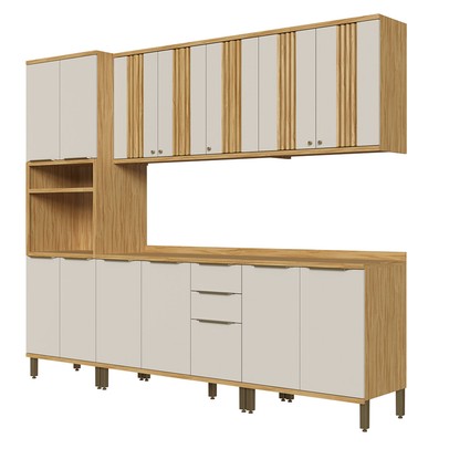 Armário de Cozinha Modulada com Balcão e Tampo 13 Portas 3 Gavetas Nice Canelado 100% Mdf Amêndoa/Off White - Pnr Móveis