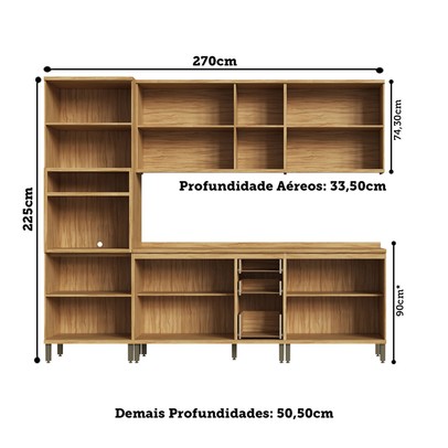 Armário de Cozinha com Balcão e Tampo 13 Portas 3 Gavetas Nice Canelado 100% Mdf Amêndoa/Off White - Pnr Móveis