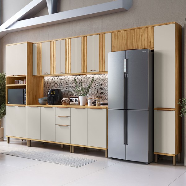 Armário de Cozinha Modulada com Balcão e Tampo 16 Portas 3 Gavetas Nice Canelado 100% Mdf Amêndoa/Off White - Pnr Móveis