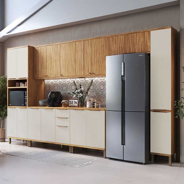 Armário de Cozinha Modulada com Balcão e Tampo 16 Portas 3 Gavetas Nice Plus 100% Mdf Amêndoa/Off White - Pnr Móveis