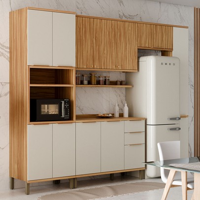 Armário de Cozinha com Balcão e Tampo 12 Portas 3 Gavetas Nice Canelado 100% Mdf Amêndoa/Off White - Pnr Móveis