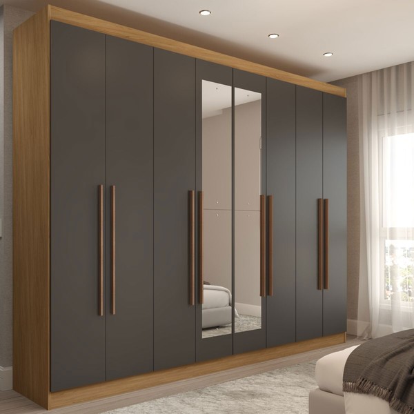 Guarda-Roupa Casal Ele e Ela 8 Portas 4 Gavetas com Espelho Chumbo/Cinamomo - Panorama Móveis