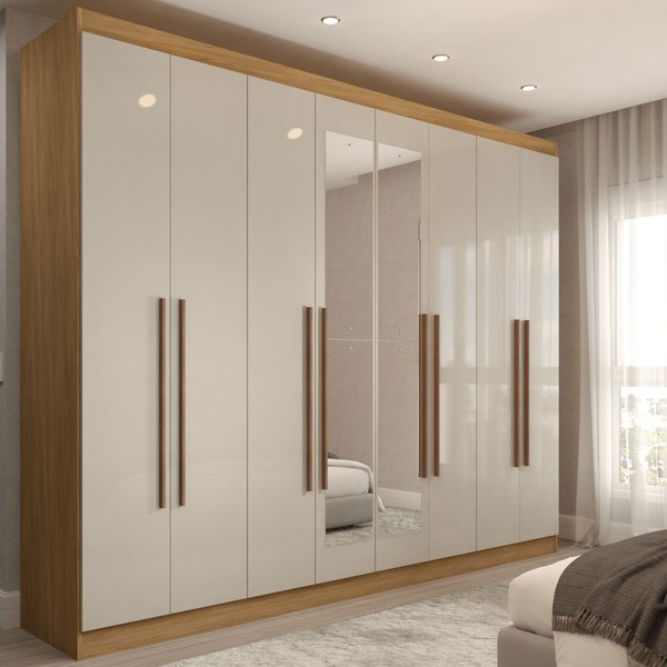 Guarda-Roupa Casal Ele e Ela 8 Portas 4 Gavetas com Espelho Off White/Cinamomo - Panorama Móveis