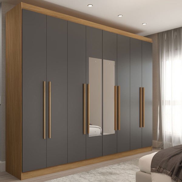 Guarda-Roupa Ele e Ela 8 Portas 4 Gavetas com Espelho Chumbo/Cinamomo - Panorama Móveis