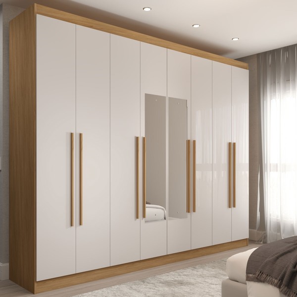 Guarda-Roupa Ele e Ela 8 Portas 4 Gavetas com Espelho Off White/Cinamomo - Panorama Móveis