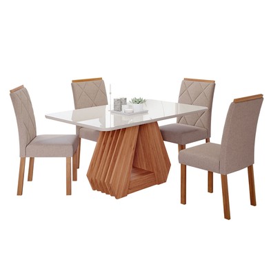 Mesa de Jantar 4 Lugares ágata Fernanda com Vidro Cinamomo/Off White/Bege - Cimol