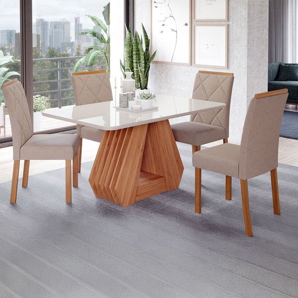 Mesa de Jantar 4 Lugares ágata Fernanda com Vidro Cinamomo/Off White/Bege - Cimol