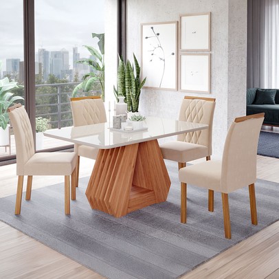 Mesa de Jantar 4 Lugares ágata Juliana com Vidro Cinamomo/Off White/Nude - Cimol