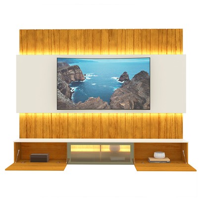 Painel para TV Até 85 Polegadas Soberano 3 Portas Ripado Autêntico 100% Mdf com Led Naturale/Off White - Gelius