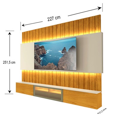 Painel para TV Até 85 Polegadas Soberano 3 Portas Ripado Autêntico 100% Mdf com Led Naturale/Off White - Gelius