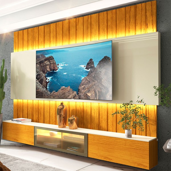 Painel para TV Até 85 Polegadas Soberano 3 Portas Ripado Autêntico 100% Mdf com Led Naturale/Off White - Gelius