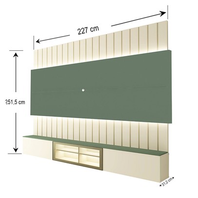 Painel para TV Até 85 Polegadas Soberano 3 Portas Ripado Autêntico 100% Mdf com Led Off White/Verde Floresta - Gelius