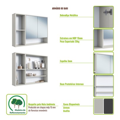 Armário de Banheiro Bari 2 Portas com Espelho Grafite - Art In Móveis