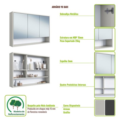 Armário de Banheiro Bari 3 Portas com Espelho Arenas - Art In Móveis