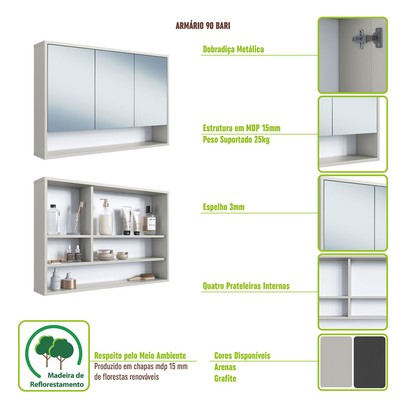 Armário de Banheiro Bari 3 Portas com Espelho Grafite - Art In Móveis