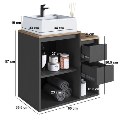 Armário de Banheiro Bahamas 1 Porta 2 Gavetas com Cuba Grafite - Art In Móveis