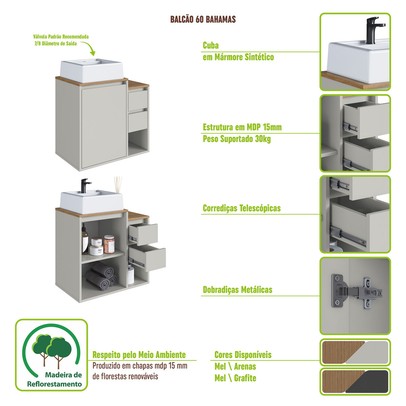 Armário de Banheiro Bahamas 1 Porta 2 Gavetas com Cuba Grafite - Art In Móveis